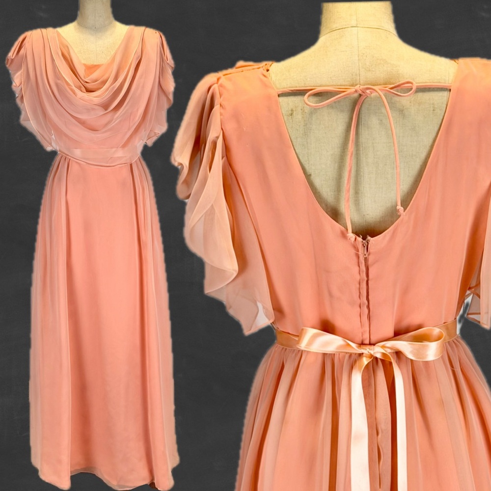 VINTAGE 70s waterfall draped chiffon formal dress prom gown long‎ maxi peach 80s